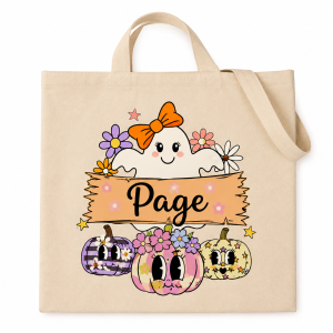 Personalized pastel floral ghost and pumpkins Halloween tote bag