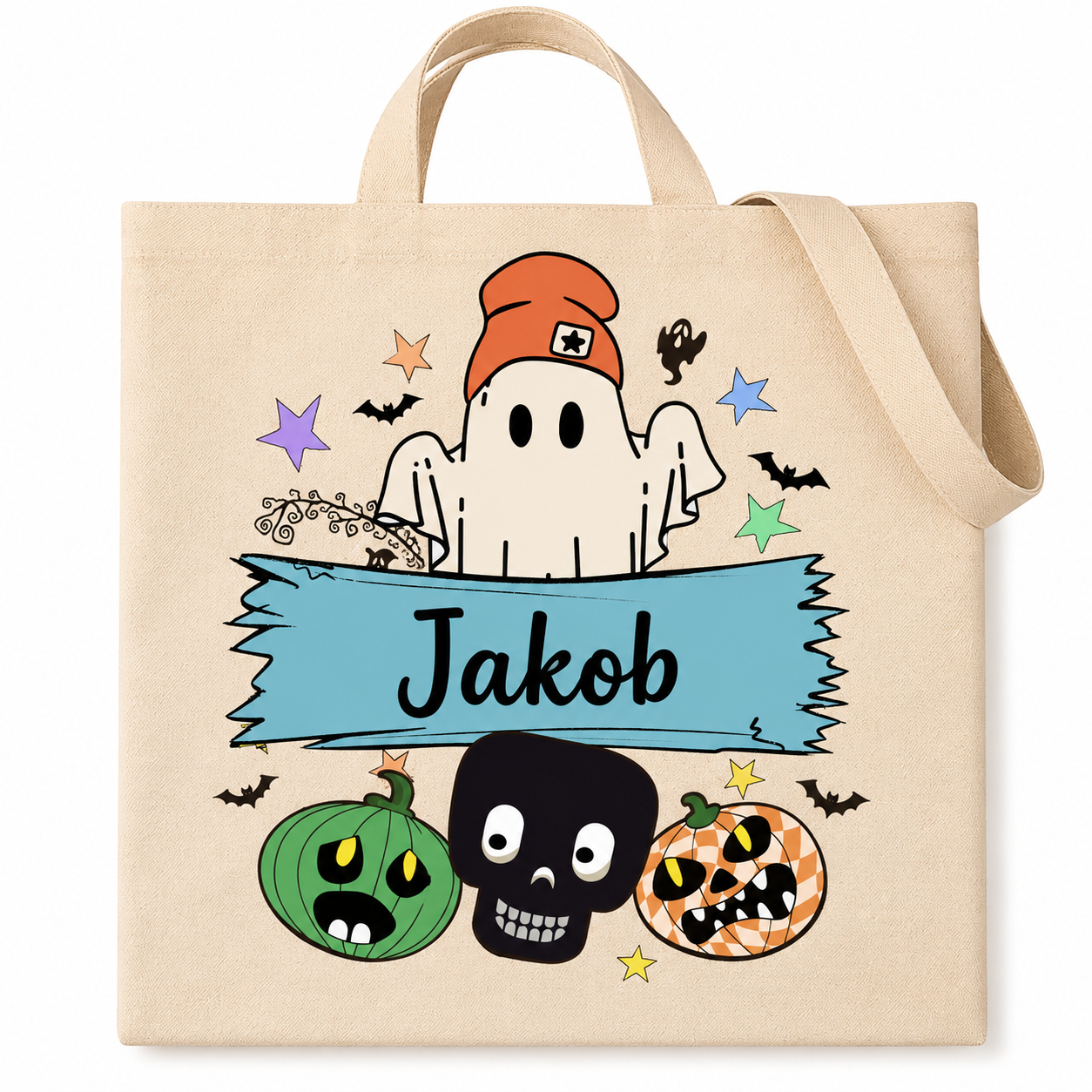 Personalized spooky beanie ghost and skull Halloween tote bag