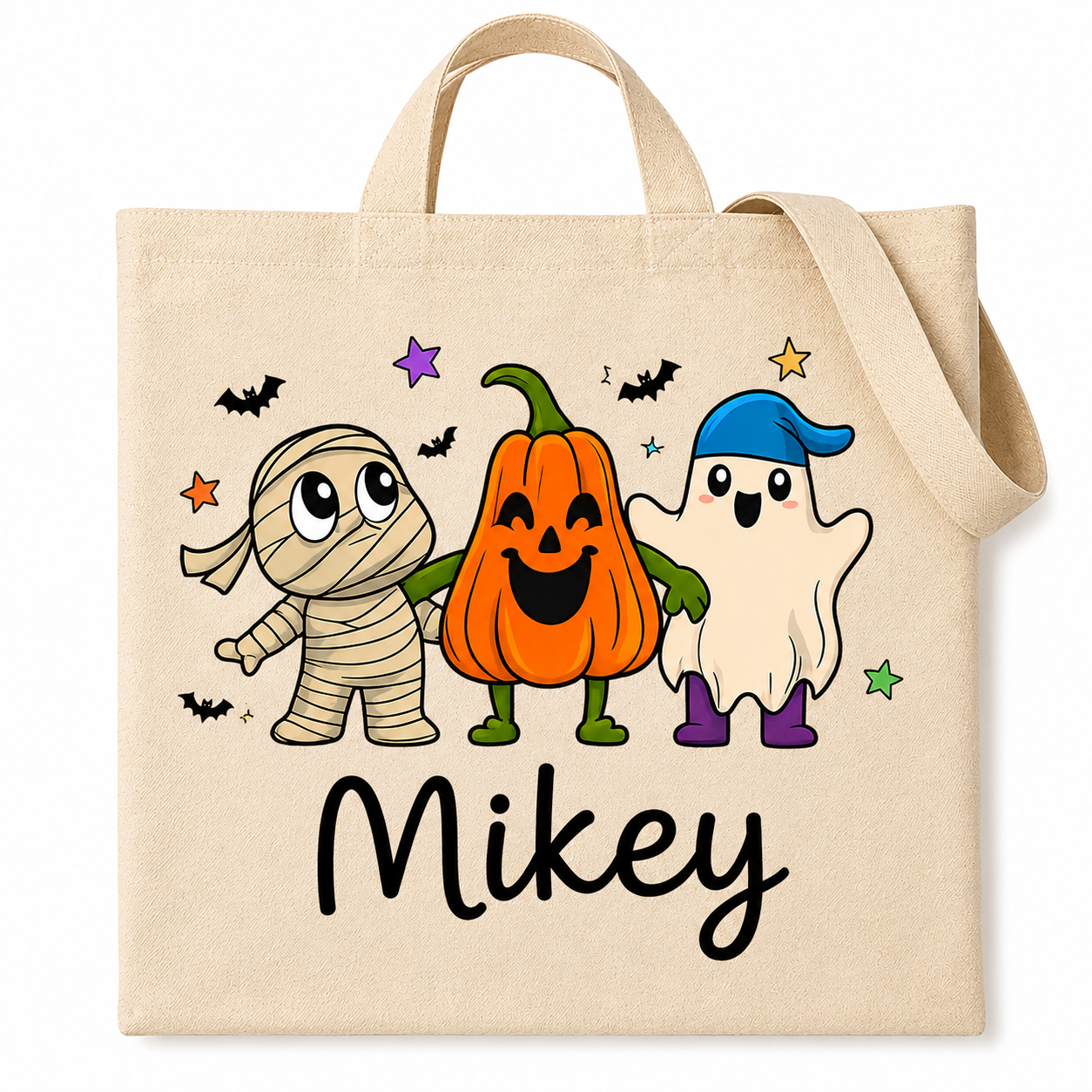 Personalized mummy, pumpkin, and ghost trio Halloween tote bag