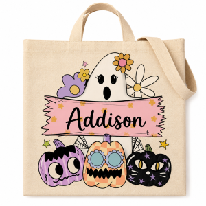 Personalized pink floral ghost and pumpkins Halloween tote bag