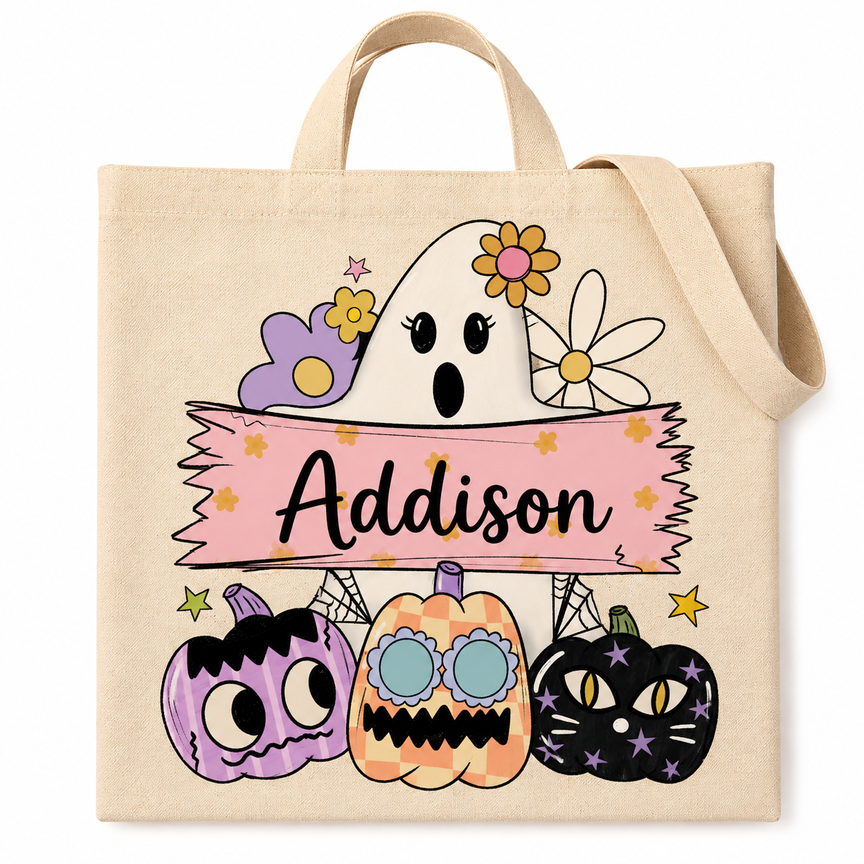 Personalized pink floral ghost and pumpkins Halloween tote bag