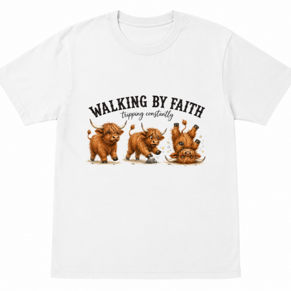 Walking By Faith Tripping Constantly - Highland Cow Shirt